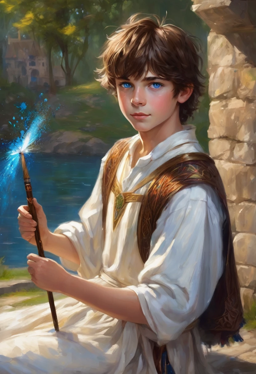 young teen boy , Medium Brown Hair with Messy Fringe Hairstyle., bright magical blue eyes, painting magic, magic paint brush, ancient magic use, White dress, medieval times, love detail, good quality