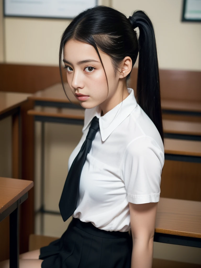 Best image quality、8k、Sad look、Cute Fashion,20-year-old,Delicate body,Small breasts,Black Hair,ponytail、classroom、turn around、uniform