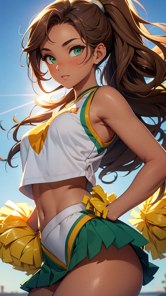 (masterpiece), (4k), )vivid colors), (evening light) 16 year old woman with tanned skin, green eyes, with wavy brown hair with a high ponytail dressed in a ((sexy cheerleader costume))