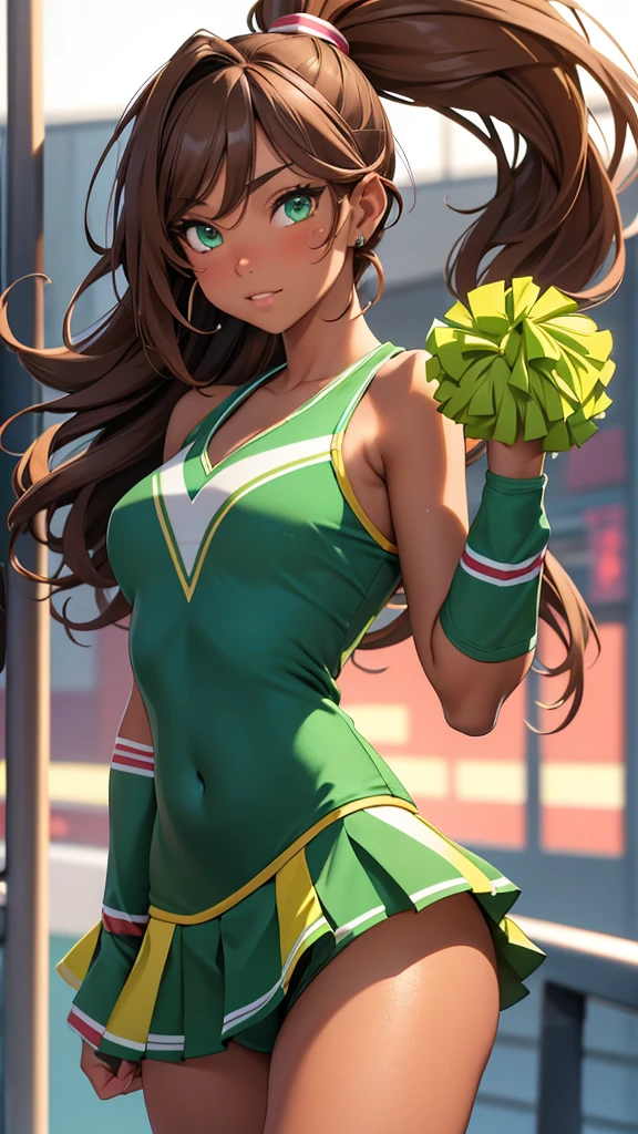 (masterpiece), (4k), )vivid colors), (evening light) 16 year old woman with tanned skin, green eyes, with wavy brown hair with a high ponytail dressed in a ((sexy cheerleader costume))