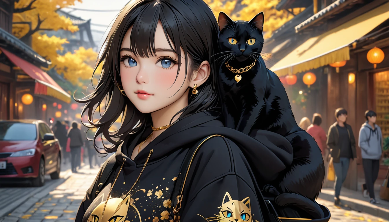 very beautiful girl, there is a big black cat ride on her shoulder, the beautiful girl wearing hoodie, black cat wearing gold necklace, half body, 8k