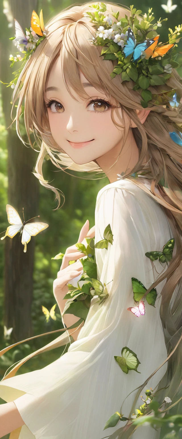 A girl, Dryad, Wood hair, Butterfly、petal、Smile