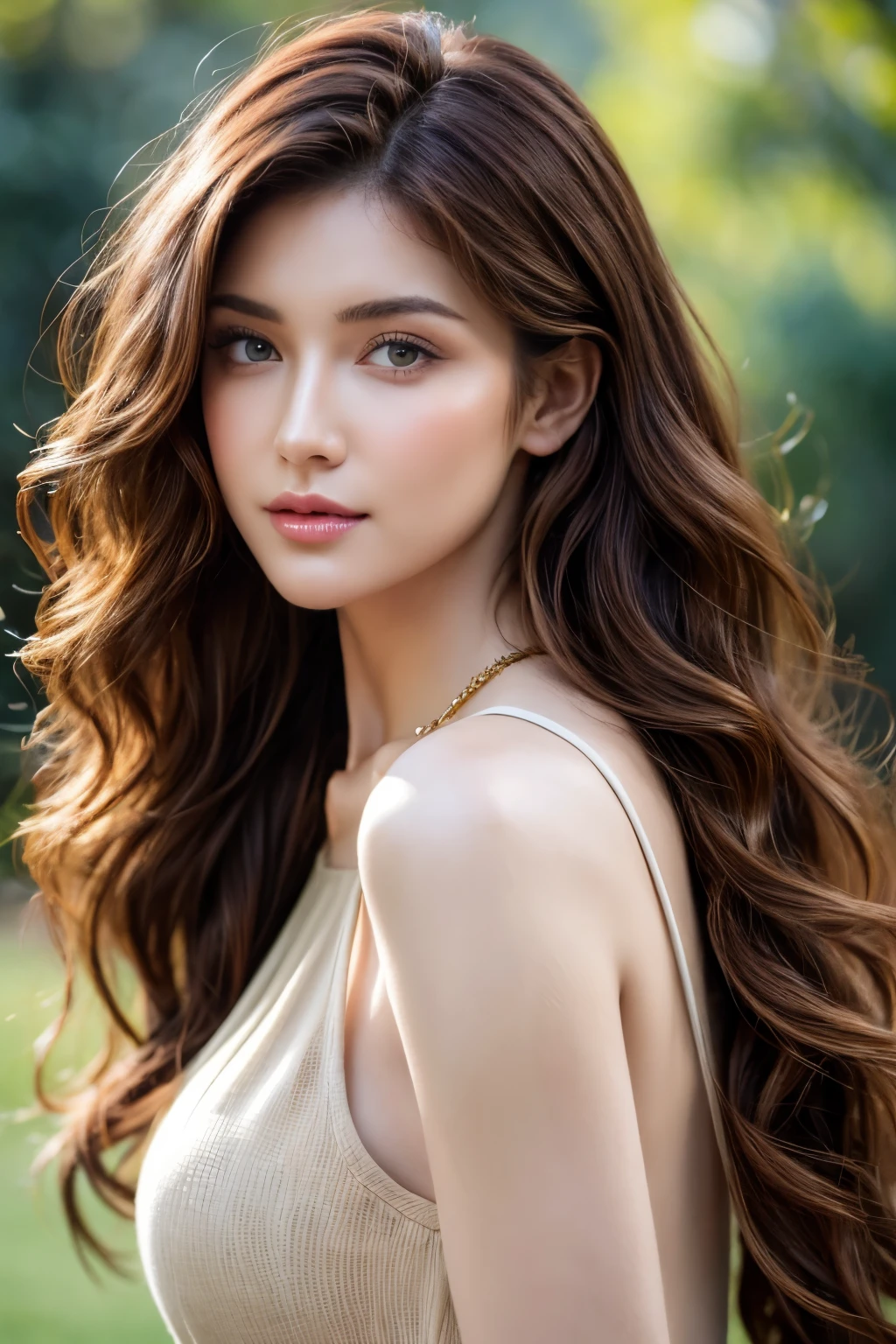 Score9_up, score8_up, (masterpiece:1.5), intricately detailed, uhd, absurd resolution, 16k, perfect lighting, RAW photo, sharp focus, photorealistic Realism 8K, 16K, Quality, professional-grade photograph, best, high quality real texture skin, best, high quality real texture hair, A close-up image of a beautiful young woman with light olive skin and long, auburn hair cascading in loose waves. Her green eyes are mesmerizing, framed by long, dark lashes and a touch of eyeliner. She has a straight, elegant nose and her lips are a soft, natural pink, slightly curved in a gentle smile. She wears a delicate gold necklace, and the background is a softly blurred scene of a sunlit meadow with wildflowers.