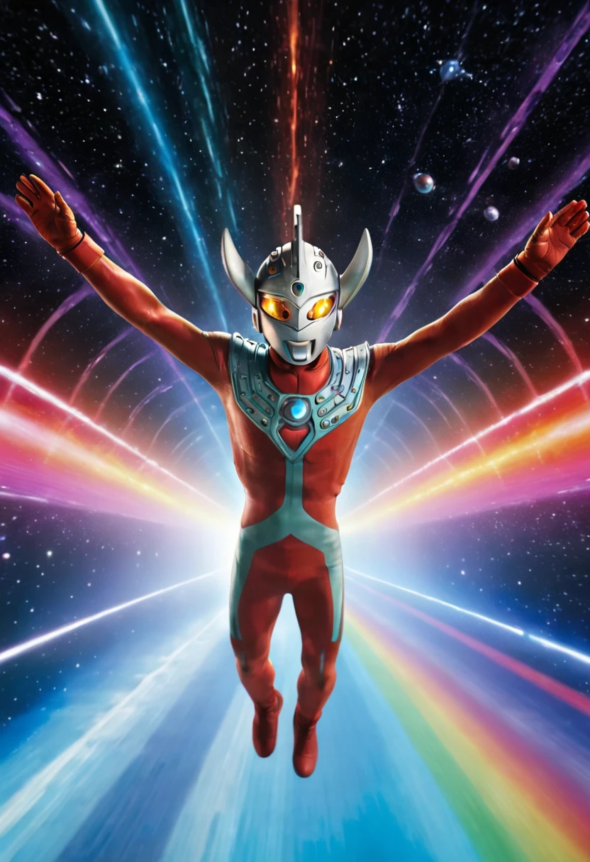 Ultraman Taro, flying, flying in space, sublight speed, inter-space drive, flying through a rainbow-colored undulating sub-space tunnel with arms outstretched, flying face down with body straightened, face up and face down, body straightened and stretched out, arms stretched out straight in front of you, 4K, Photorealistic, Portrait, male focus, highres, clear