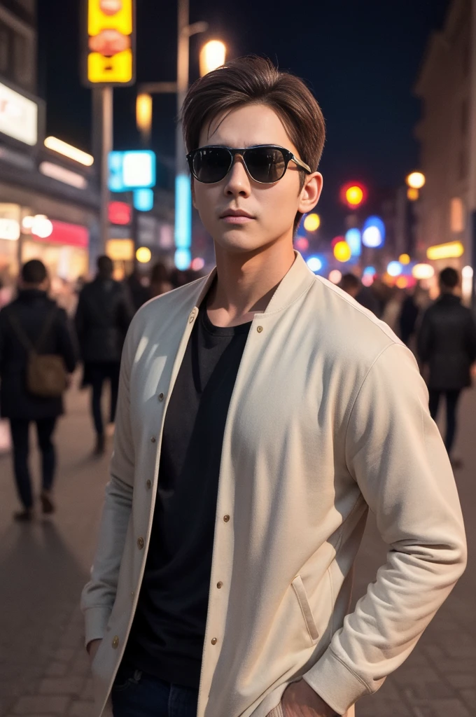 Masterpiece, Highest quality, realistic, A boy., adult man, Strongly built, The neck has a notch., the best, sunglasses, In the bustling city center at night