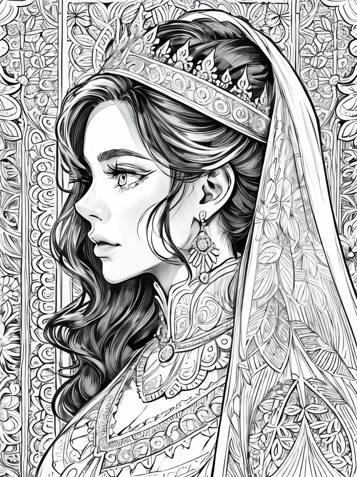 (Black and white coloring book:1.5), line drawings, masterpiece, best quality, ultra-detailed, high resolution, Very detailed face, (Eyes clear and distinct lines), Hair is white colored, cowboy shot, Royal wedding.A woman in a luxuriously embroidered and jeweled royal wedding dress, The hem of the dress has a long train, Hyper detailed crisp black line draw, ((simple white color))
