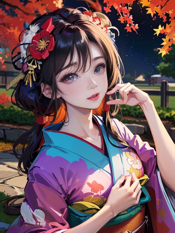 (Highest quality、 8k 、masterpiece、High resolution)、 Japanese painting、Vibrant colors、A woman wearing a kimono、Hands on chest、(Highly detailed face and eyes,Beautiful Face,Beautiful Eyes,Beautiful nose,Pretty lips)、Dynamic painting technique、Japanese garden、Autumn scenery、autumn leaves、Starry Sky、Susukino、Detailed Description、