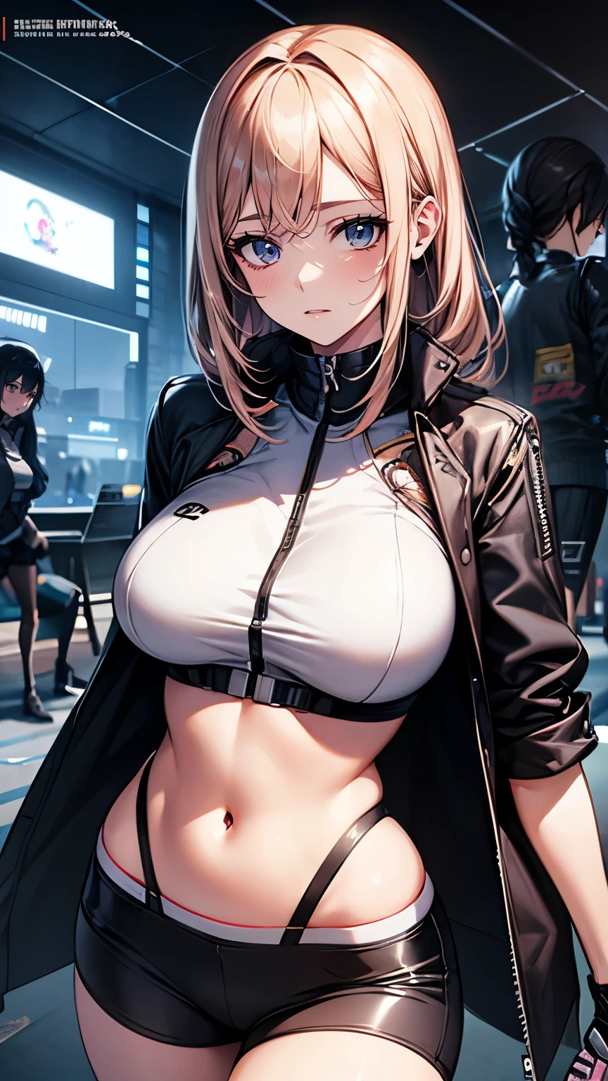 (Very delicate and beautiful:1.2)super model,,Beautiful breasts,voluptuous,【bike shorts】,,【3girls】,,Highest quality, High resolution, 8k,mini skirt.Three Girls.cyber punk.Mechanical Sword