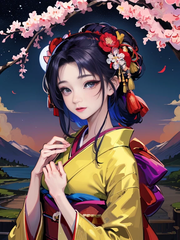 (Highest quality、 8k 、masterpiece、High resolution)、 Japanese painting、Vibrant colors、A woman wearing a kimono、Hands on chest、(Highly detailed face and eyes,Beautiful Face,Beautiful Eyes,Beautiful nose,Pretty lips)、Dynamic painting technique、Japanese garden、Autumn scenery、autumn leaves、Starry Sky、Susuki、Detailed Description、