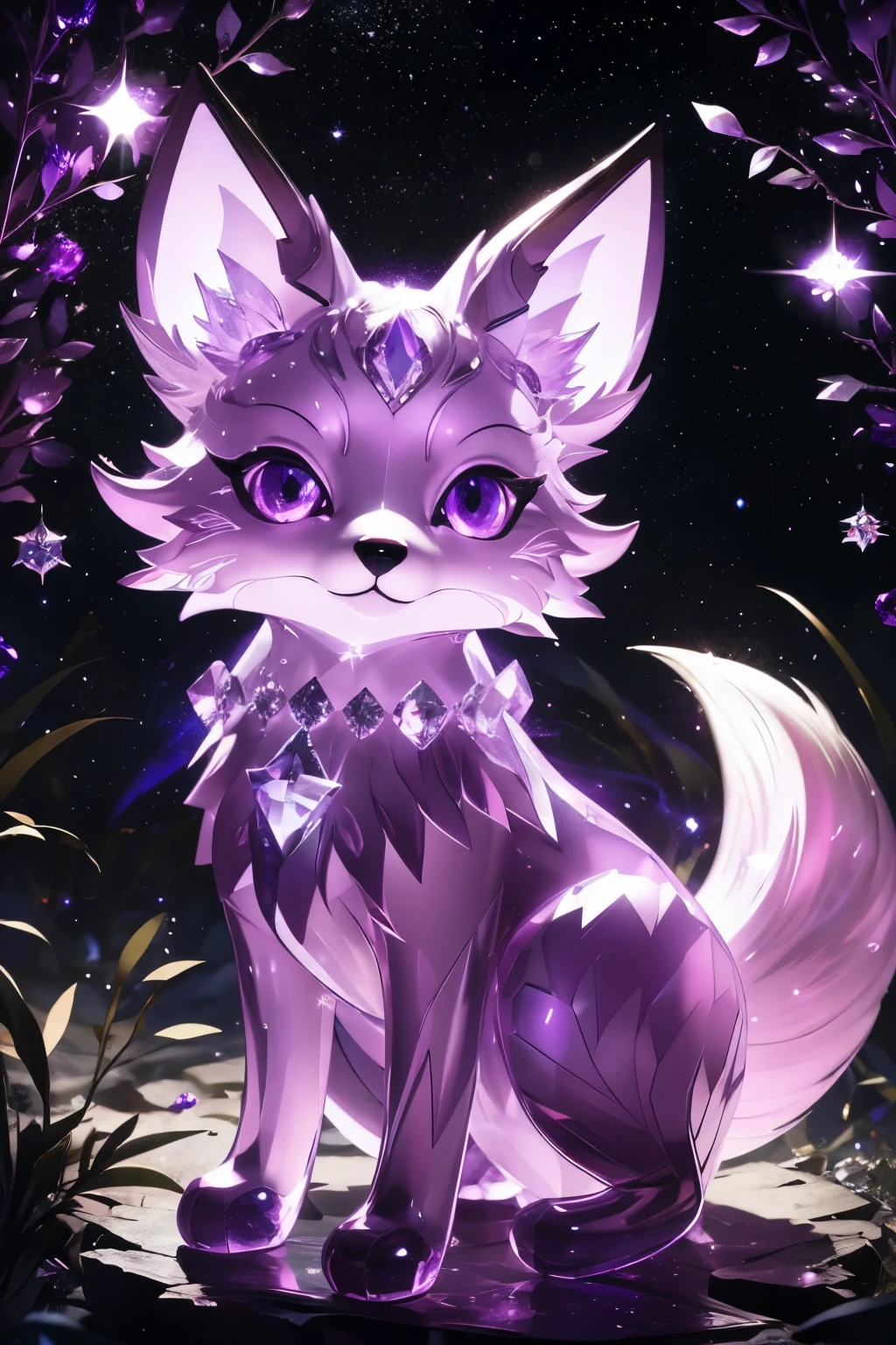 ((best quality)), ((masterpiece)), (detailed), high quality, Surreal art, shimmer, picture of cosmic fox spirit with shiny crystal fur, six crystal tails, crystal tails, crystallize tails, glowing purple eyes, nightime forest under a starry sky background, approaching perfection, Ultra High Quality, Reflective materials, shadowy, Volumetric lighting, 8K resolution, ultra-detailed, crystal light purple fox, detailed purple eyes, detailed paws, light purple fur, light purple fox ears, well-proportioned detailed purple eyes, (absurderes:1.2), exquisitely crafted fox, starry aura, Ethereal and beautiful