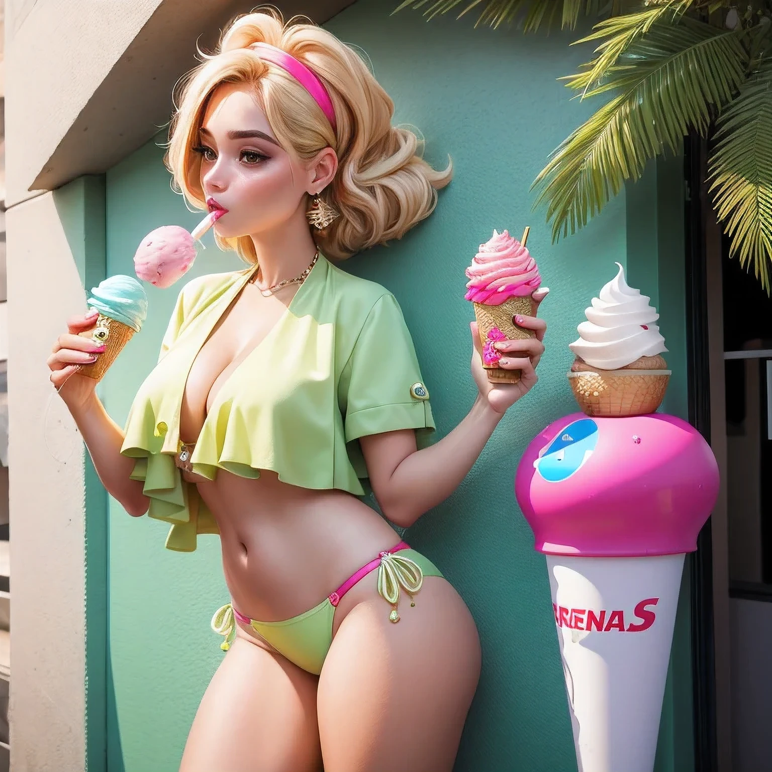 araffe1 girl in a bikini eating an ice cream cone, eating ice cream, in a bikini, angela white, giorgia meloni, katy perry, in bikini, eating ice - cream, wearing spandex bikini, ice cream on the side, bikini, ice cream, wearing a bikini, candid photo of dirty, shiny plastic bikini, candid shot, cone, 1 girl, solo,in a green dress standing by a wall,portrait of female idol,
