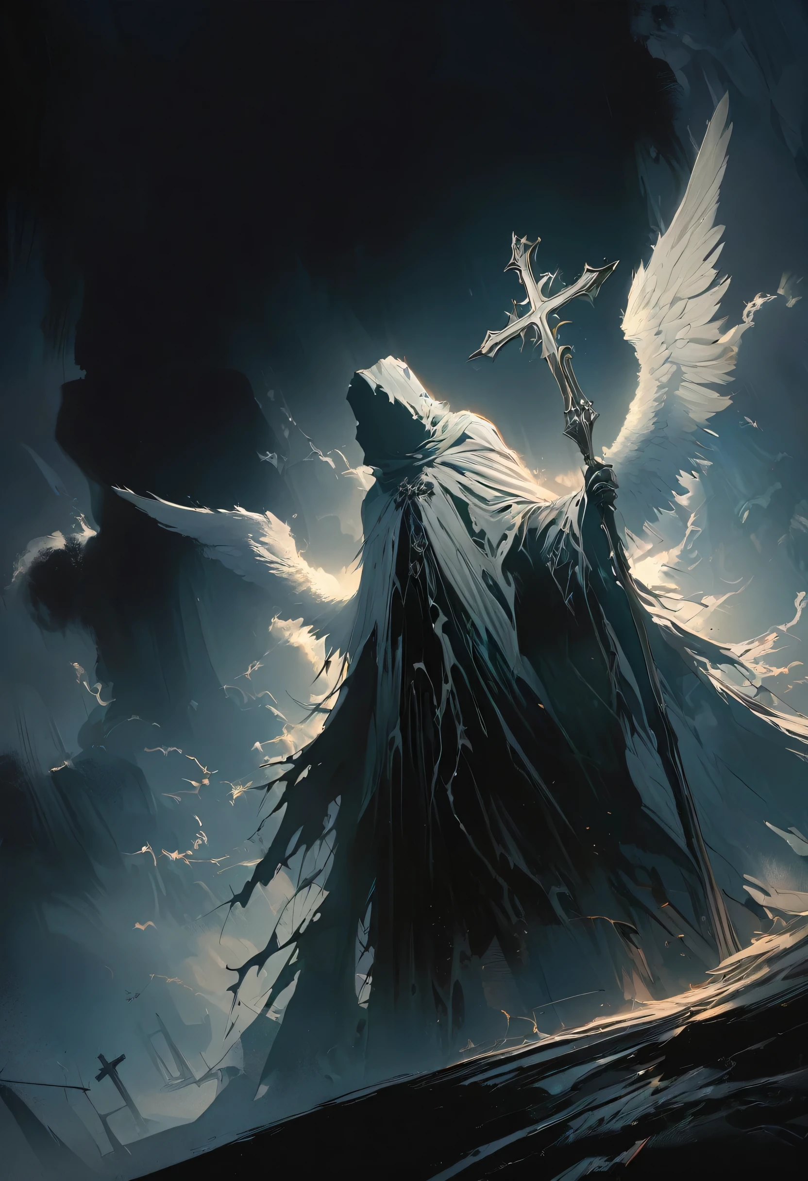 (masterpiece, best quality:1.2), Death in the Church,cloak,Holding a white cross,Winged Angel,moonlight,heavily clouded,Thunder and lightning, Dark fantasy illustration style , Dark Arts, High contrast, Dark Shadows, Atmospheric perspective, Melancholic colors, Thin Film Component, Volumetric Lighting, number, Brushstrokes, Dramatic Lighting, Low angle shot, Surrealism, Very detailed, Surrealism