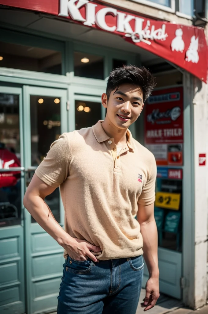 ((realistic daylight)) , Young Korean man in only a polo shirt, no stripes, and jeans., A handsome, muscular young Asian man looks at the camera.  , In the KFC store ,turn sideways, smile