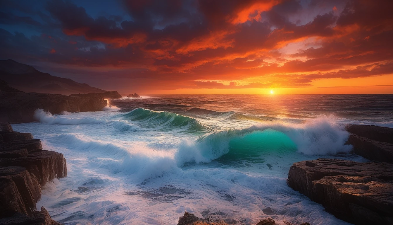 arafed view of a sunset over the ocean with waves crashing, chaotic sea setting, vibrant sunrise, breathtaking colors, breathtaking look, vibrant sunset, breathtaking composition, beautiful sea landscapes, stunning sunset, magnificent background, sunset glow, beautiful background, beautiful dreamy breathtaking, marc adamus, warm beautiful scene, epic sunset, beautiful sunset, beautiful sunset glow, beautiful ocean