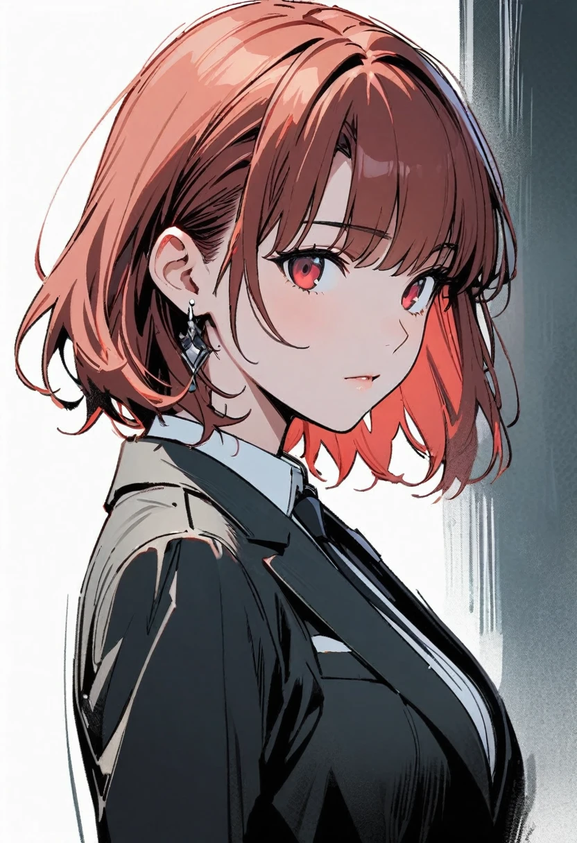 (masterpiece, Highest quality:1.2), bazett, fgo, One girl, alone, short hair, Redhead, bangs, Red eyes, Large Breasts, Black gloves, Formal suit, tie, Jacket, Upper Body, Earrings,