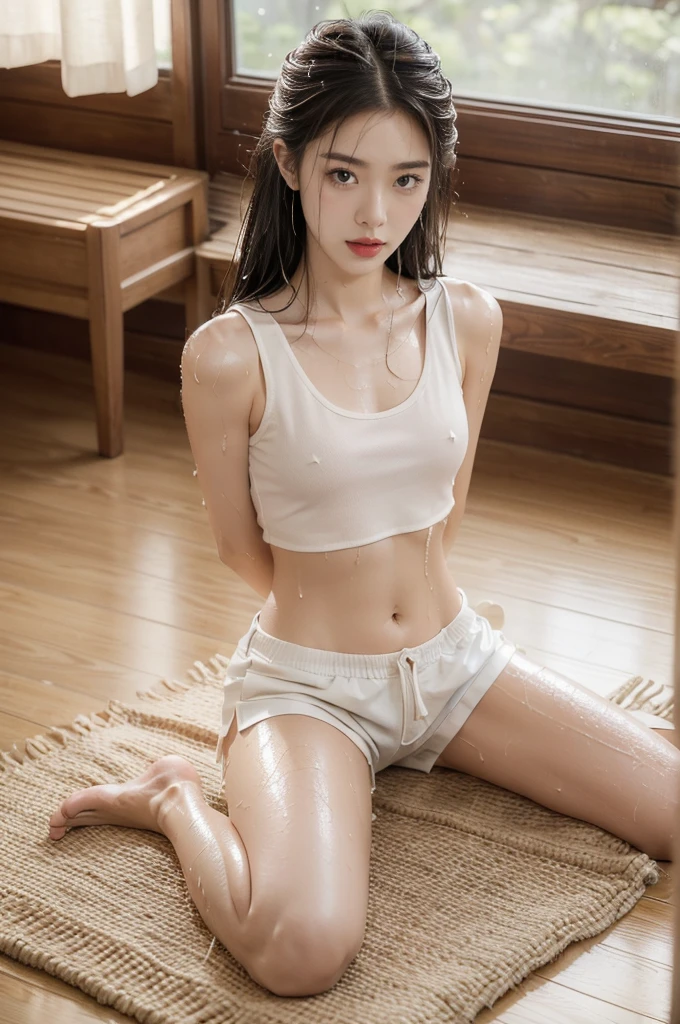 (((best quality))),(((ultra detailed))),(((masterpiece))),illustration,((1 beautiful girl,solo)),(blush:1.3),(sweat:1.5),(wet:1.5),(shiny skin:1.5),((slim,thin)),((small breasts,flat chest)),serene, Japanese countryside, summer, (white tank top:1.3),(navel:1.2),(white shorts:1.3),(slender legs:1.2), resilience, vitality, Japanese-style room, tatami mats, paper sliding doors, natural light, warm ambiance, minimalistic furniture, harmony, nature, human existence, radiant complexion,(shoulder length straight hair:1.2), ethereal, determination, unwavering spirit, adversity, stunning appearance, captivating, interplay of light and shadow, intricate details, heat, strength, tranquility, inner peace, summer beauty, human subject,resilience,(watermelon:1.2),(sitting on the floor:1.3),(arms behind back:1.3),(spread legs apart:1.3),((from front,upper body))