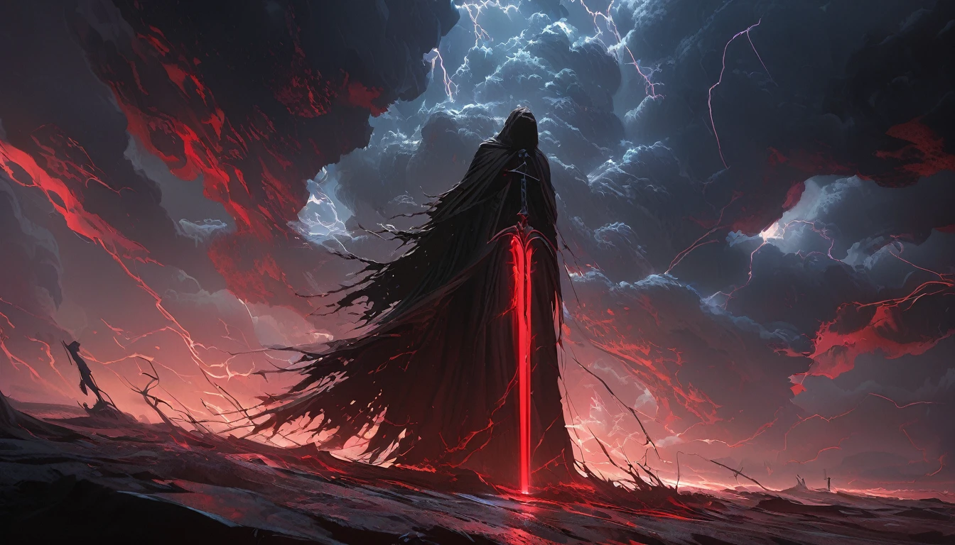 (masterpiece, best quality:1.2), Death in the Storm,cloak,Holding a red long sword,moonlight,heavily clouded,Thunder and lightning, Red thunderstorms,Dark fantasy illustration style , Dark Arts, High contrast, Dark Shadows, Atmospheric perspective, Melancholic colors, Thin Film Component, Volumetric Lighting, number, Brushstrokes, Dramatic Lighting, Low angle shot, Surrealism, Very detailed, Surrealism