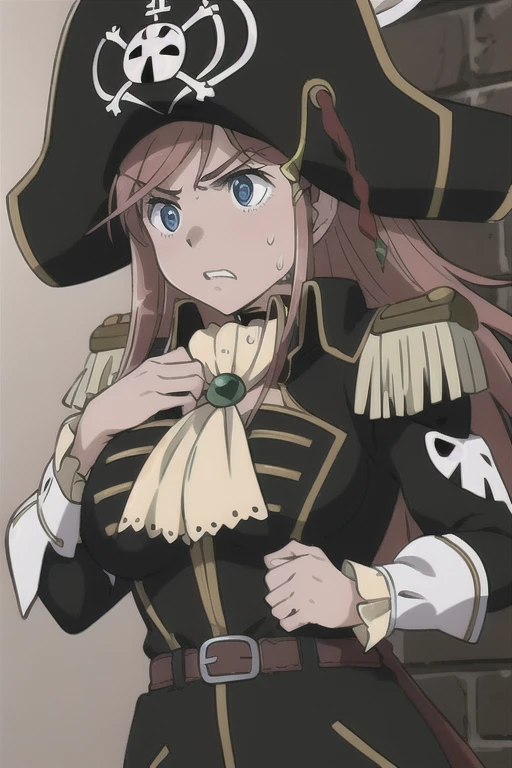 masterpiece, best quality, 1girl, detailed face and eyes, big breasts, Katou Marika, (black pirate costume), belt, (black cargo pants), (black pirate hat), angry facial expression, shocked eyes, looking down, clenched teeth, sweat, hands on chest