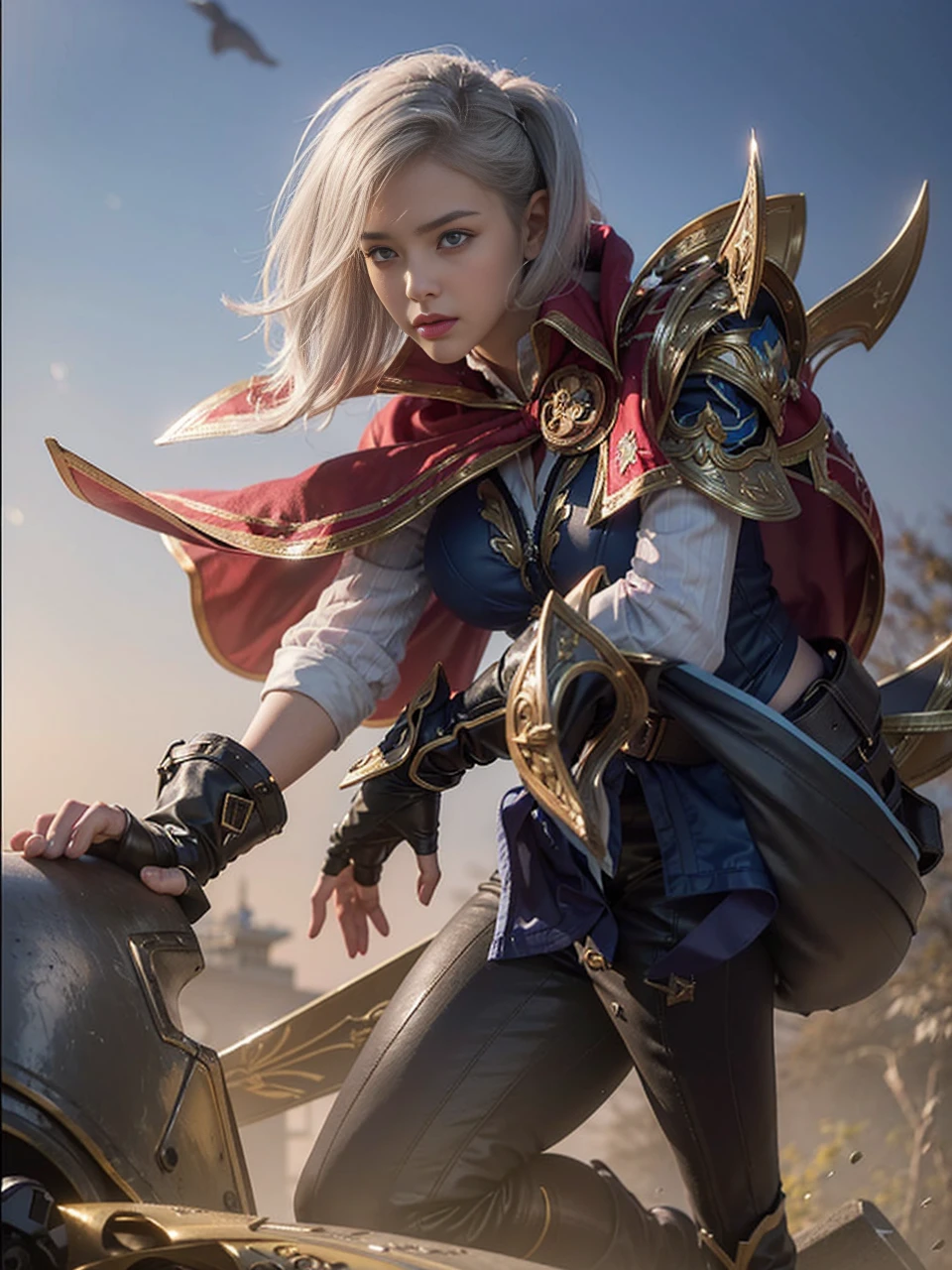 (female:1.2), 8k, ultra HD |, ultra detailed texture, hyper realistic, master part, detailed texture, face detailed, skin detailed, Detailed lighting, (photorrealistic:1.5), best quality, beautiful lighting, Cinematic lighting, professional lighting, ultra highres, Realistic, detailed hair, real hair, high qualiy, (realskin:1.5), extremely detaild, finely detail, ultra detali, 1girl, eleven, standing alone, pointy ears, (blue colored eyes:1.2), pink lips, make up, bonitas, comely, handsome guy, wonderland, ombre, V eyebrow, very long hair, Ponytails, white  hair, hair covering one eye, holding the bow \(missiles\), aiming, bare one shoulder, separate sleeves, ombro da missilesdura, missilesdura de prata, blue cape, blue sleeveless, gloves fingerless, cotovelo da missilesdura, breasts big, cleaveage, へそ, stomach, natta, galaxy, blurry background, belt, black pants, blue light, blue energy, Electric, plume, the brain \(mobile legends\), cloused mouth, looking off into distance, awesome pose