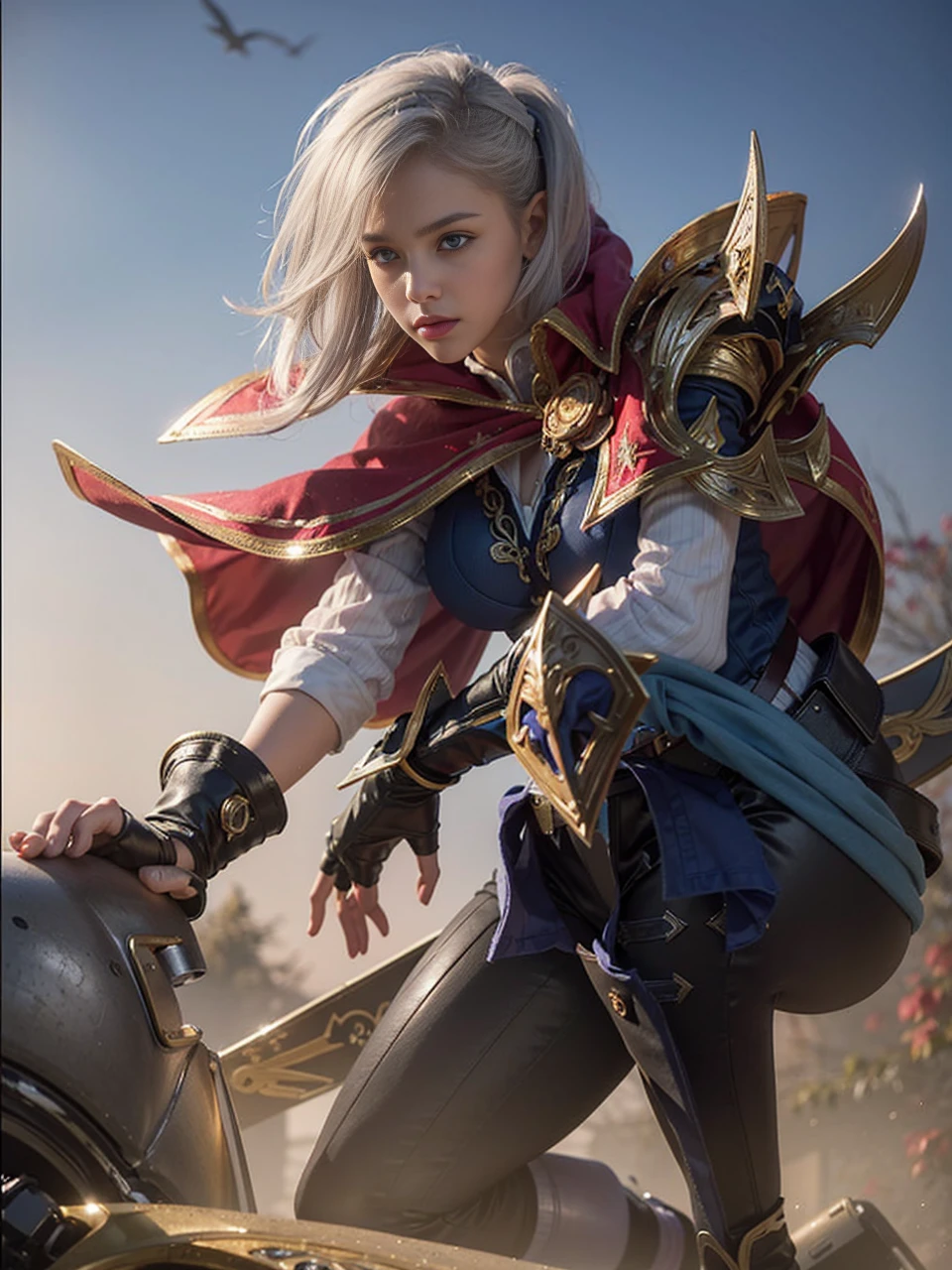 (female:1.2), 8k, ultra HD |, ultra detailed texture, hyper realistic, master part, detailed texture, face detailed, skin detailed, Detailed lighting, (photorrealistic:1.5), best quality, beautiful lighting, Cinematic lighting, professional lighting, ultra highres, Realistic, detailed hair, real hair, high qualiy, (realskin:1.5), extremely detaild, finely detail, ultra detali, 1girl, eleven, standing alone, pointy ears, (blue colored eyes:1.2), pink lips, make up, bonitas, comely, handsome guy, wonderland, ombre, V eyebrow, very long hair, Ponytails, white  hair, hair covering one eye, holding the bow \(missiles\), aiming, bare one shoulder, separate sleeves, ombro da missilesdura, missilesdura de prata, blue cape, blue sleeveless, gloves fingerless, cotovelo da missilesdura, breasts big, cleaveage, へそ, stomach, natta, galaxy, blurry background, belt, black pants, blue light, blue energy, Electric, plume, the brain \(mobile legends\), cloused mouth, looking off into distance, awesome pose