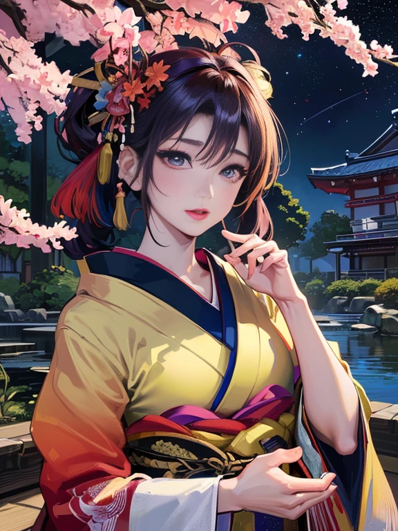 (Highest quality、 8k 、masterpiece、High resolution)、 Japanese painting、Vibrant colors、A woman wearing a kimono、Hands on chest、(Detailed face,Beautiful Face,Beautiful Eyes,Beautiful nose,Pretty lips)、Dynamic painting technique、Japanese garden、Autumn scenery、autumn leaves、Starry Sky、Susuki、Detailed Description、