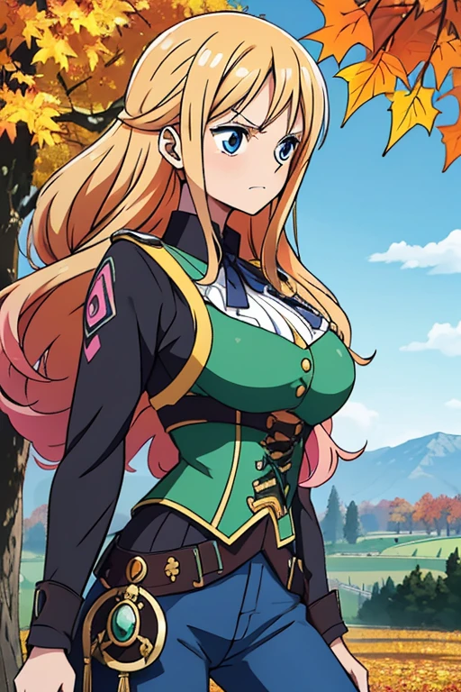 Illustration of a young, female teacher in an anime style. She has long, wavy blonde hair with pink highlights, wearing a light blue, ruffled blouse and a black corset over skinny tight jeans the color of a dark green. She is wearing black riding boots. Her expression is serious and slightly surprised. She has blue eyes and extends her hand forward holding a blue book with golden characters on the cover. The background shows a landscape transitioning from autumn to winter, with trees bearing both colorful autumn leaves and frosty branches, under a chilly, overcast sky.