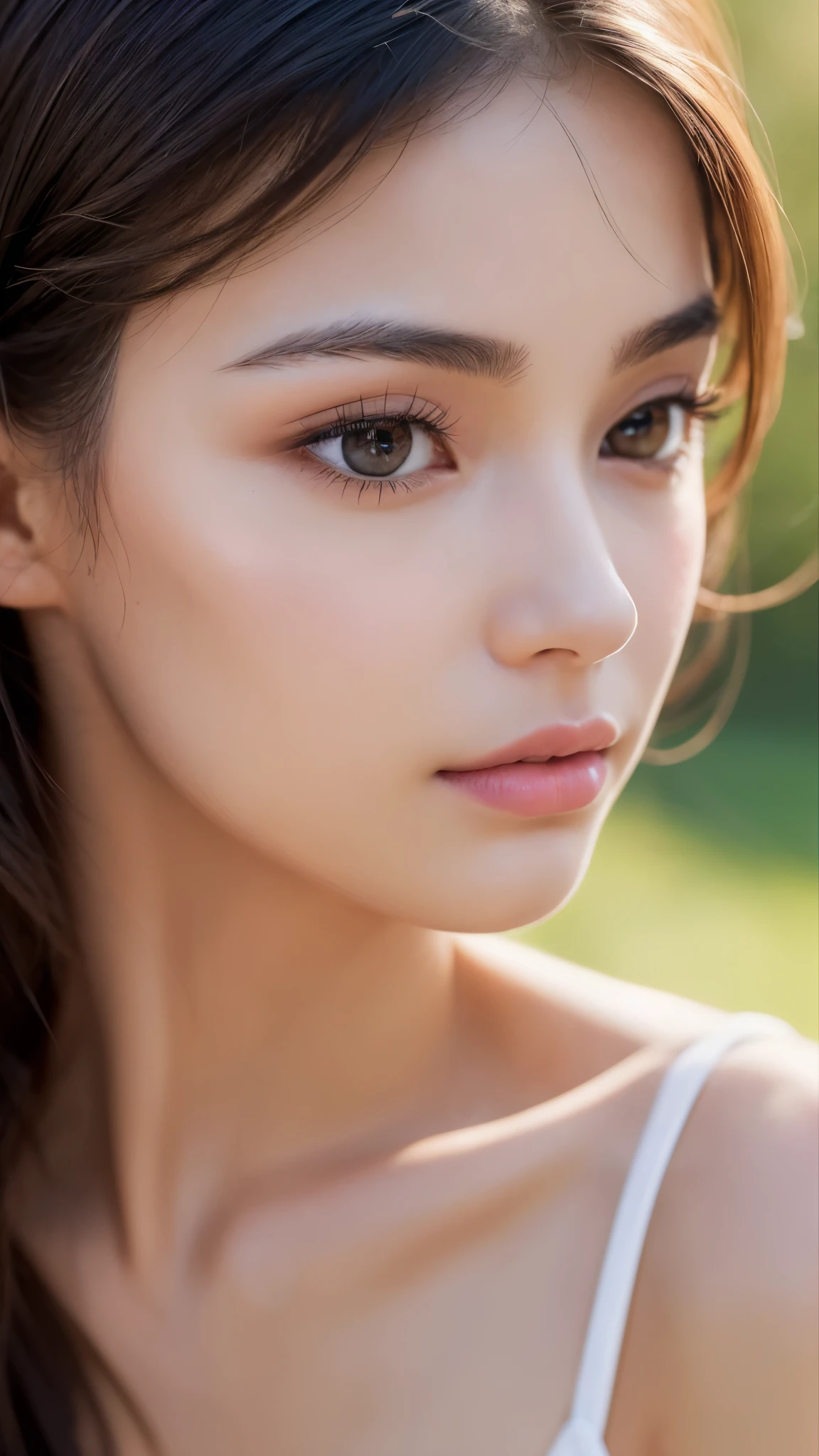(8k, High resolution, High resolution), ((((photograph, RAWphotograph, Hyperrealism, masterpiece, Highest quality, ultra High resolution)))), (Pin Light, Backlight, Backlight, Cinematic Light), Sharp focus:1. 4, (Hyper Detail, In detail), face close, close,, One girl, Oval face with cat-like eyes, Small, plump lips, Straight and pretty nose, Cheekbones are slightly red, Thick eyebrows and long, beautiful eyelashes.