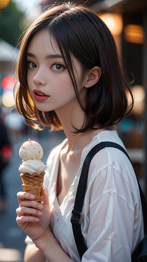 Cute Japanese Women, ((Licking ice cream)), ice cream cone, (holding ice cream cone: 1.4), (Sticking out tongue: 1.3), short hair, Natural Makeup, Melting ice cream, look at me, Brown Hair, Soft lips, teeth, 8K wallpaper incorporating highly detailed CG, High resolution, Realistic photos, Cinematic Light, (最high quality: 1.4), high quality, (((Bokeh))), Depth of written boundary.