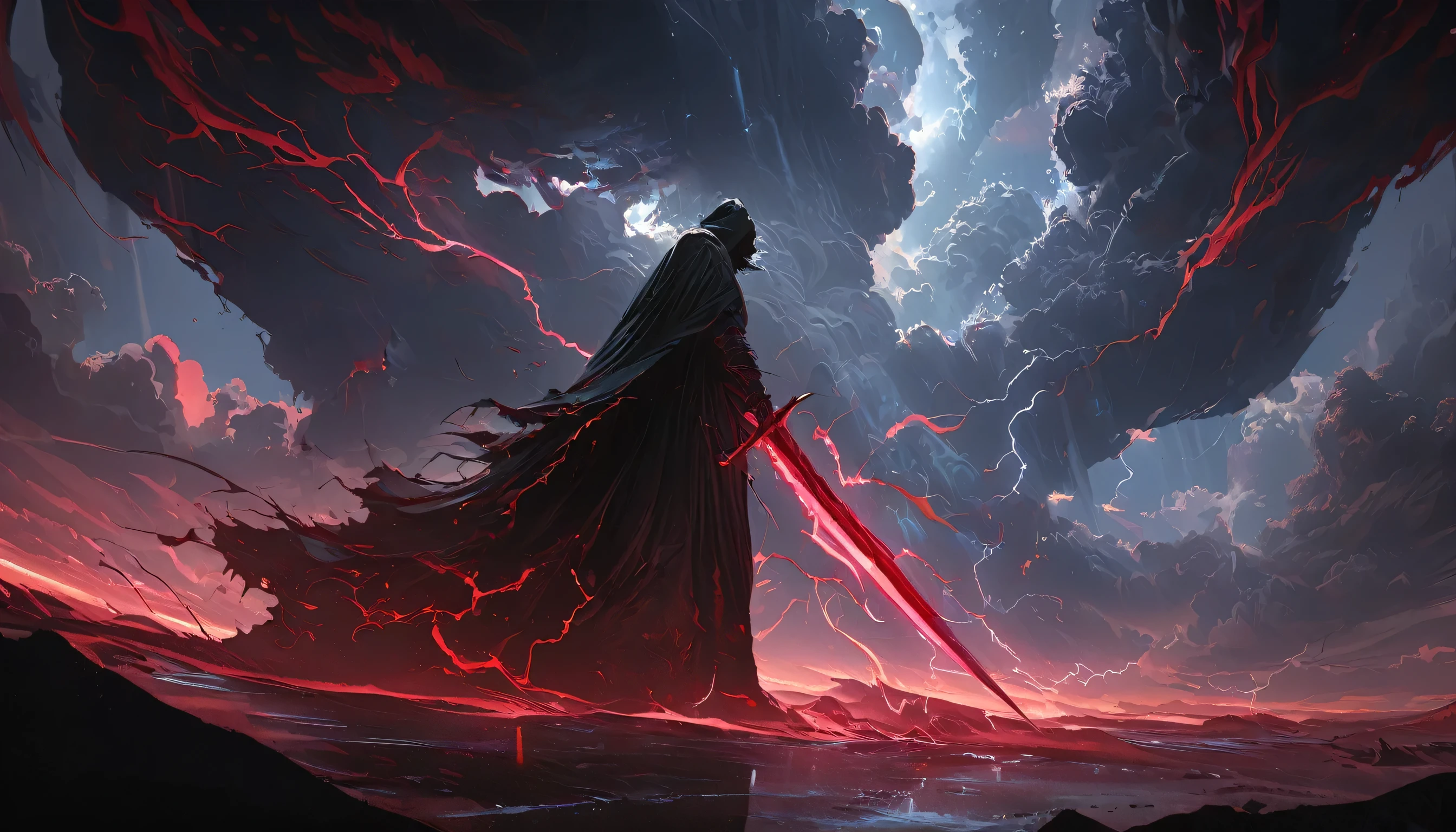(masterpiece, best quality:1.2), Death in the Storm,cloak,Holding a red long sword,moonlight,heavily clouded,Thunder and lightning, Red thunderstorms,Dark fantasy illustration style , Dark Arts, High contrast, Dark Shadows, Atmospheric perspective, Melancholic colors, Thin Film Component, Volumetric Lighting, number, Brushstrokes, Dramatic Lighting, Low angle shot, Surrealism, Very detailed, Surrealism