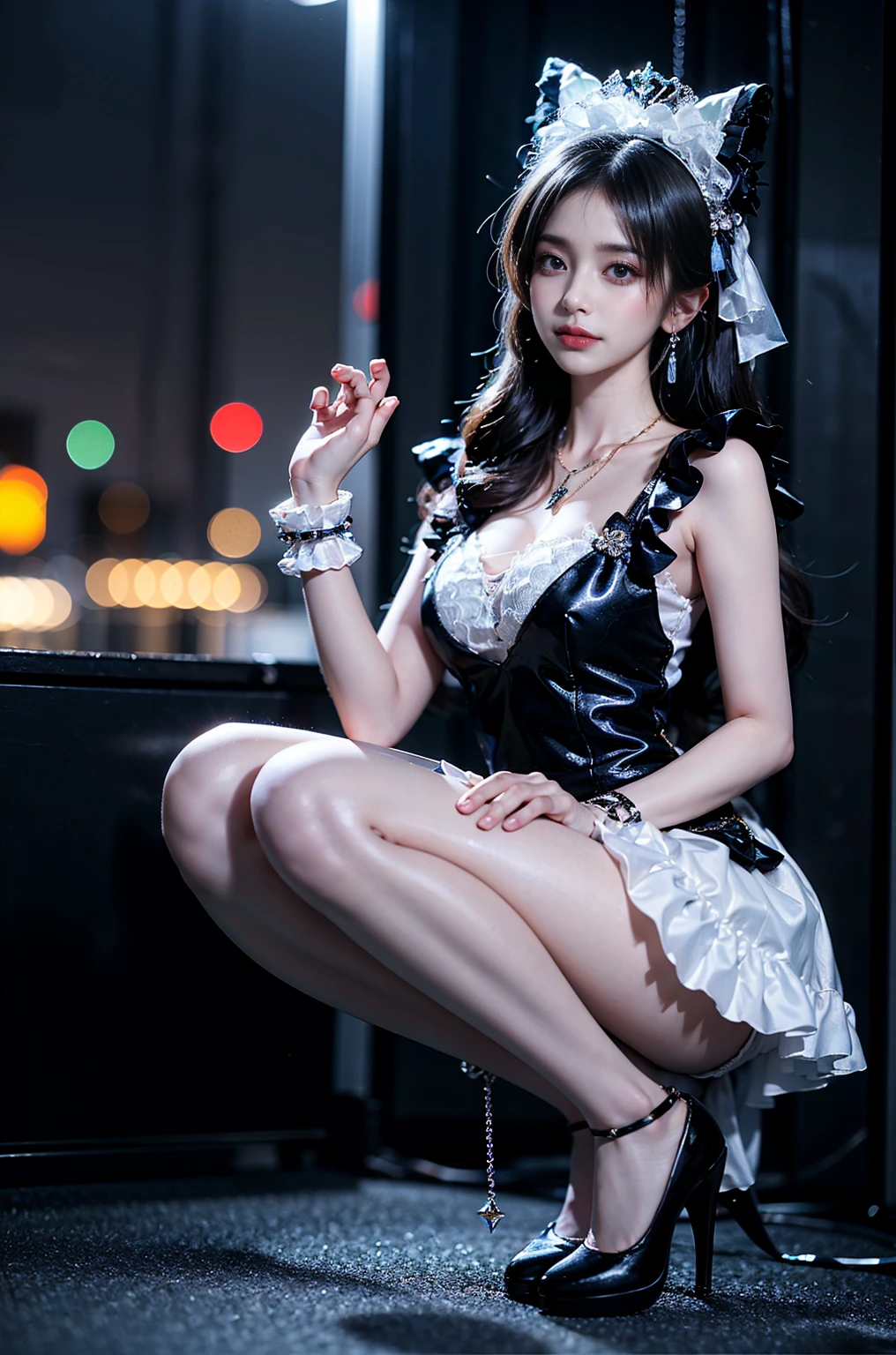 shinano role play costume, role play, High heel, transparent, Fox Tail, Multi-tail, ((whole body)),((squat，For the audience)),Clear face, Pretty Face, 8K, masterpiece, original photo, best quality, detail:1.2,lifelike, detail, Very detailed, CG, Unite, wallpaper, Depth of Field, light, lens flare, Ray Tracing, (Extremely beautiful face, Beautiful lips, beautiful eyes), complex, detail的脸, ((ultra detailed skin)), 1 girl, in the darkness, Deep Shadows, Beautiful Korean girl, Korean Idol,(Very slim figure:1.3), Full breasts, Large Breasts, Slender sexy legs, Very beautiful legs, Elegant Posture, (A bright smile), (City night, (Neon lights), (night), Beautiful Korean girl, White Diamond Earrings, Diameter Bracelet, Deya Necklace, Clear eyes, (big eyes)，Pantyhose