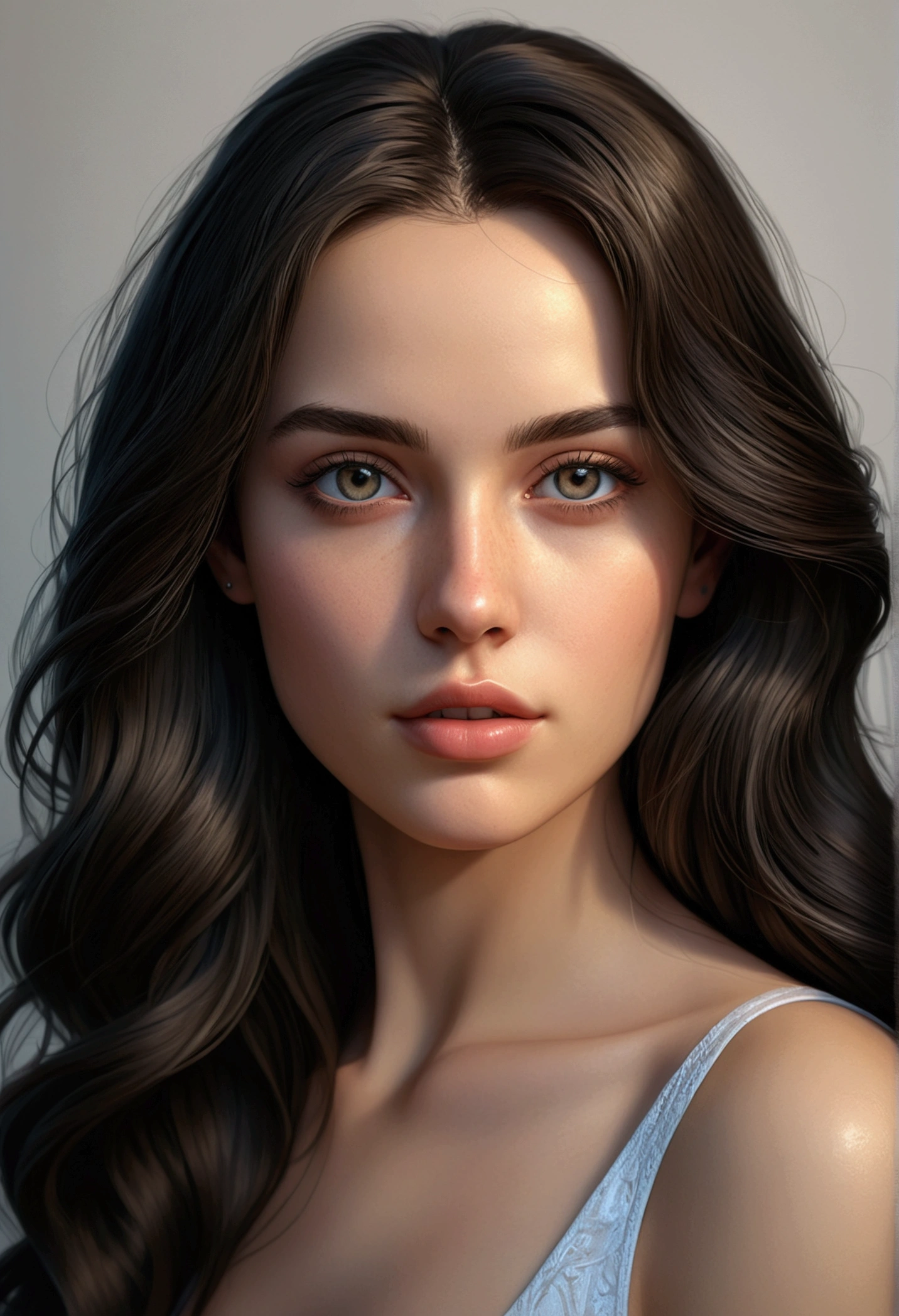 a photorealistic portrait of a young woman with long dark hair, detailed facial features, piercing eyes, perfect porcelain skin, nude body in cartoon line art style, highly detailed, cinematic lighting, vibrant colors, dramatic contrast, elegant, graceful, sensual, (best quality,8k,highres,masterpiece:1.2),ultra-detailed,(realistic,photorealistic,photo-realistic:1.37),dramatic lighting,chiaroscuro,expressive,ethereal,captivating,seductive,alluring