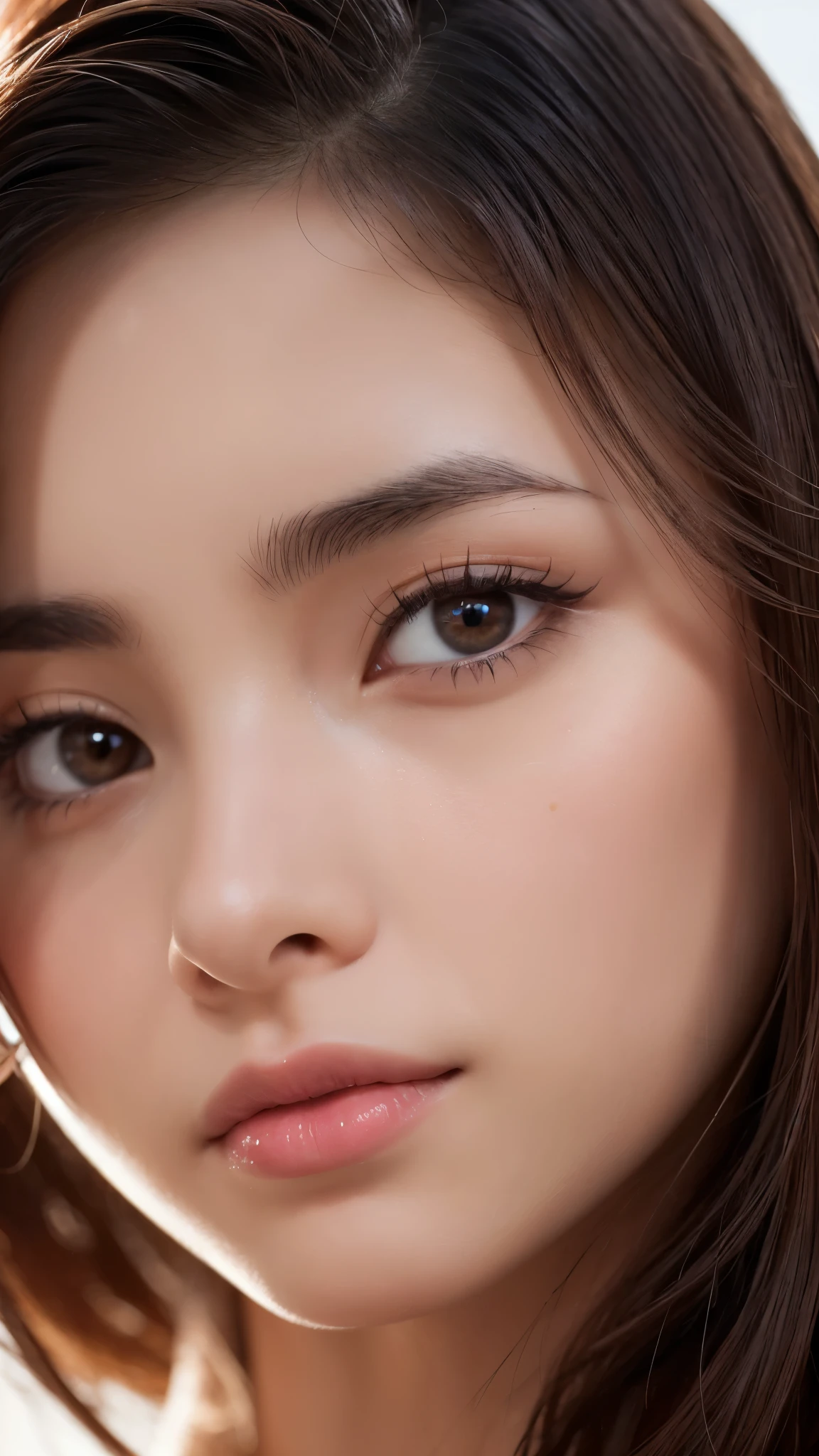 (8k, High resolution, High resolution), ((((photograph, RAWphotograph, Hyperrealism, masterpiece, Highest quality, ultra High resolution)))), (Pin Light, Backlight, Backlight, Cinematic Light), Sharp focus:1. 4, (Hyper Detail, In detail), face close, close,, One girl, Oval face with cat-like eyes, Small, plump lips, Straight and pretty nose, Cheekbones are slightly red, Thick eyebrows and long, beautiful eyelashes.