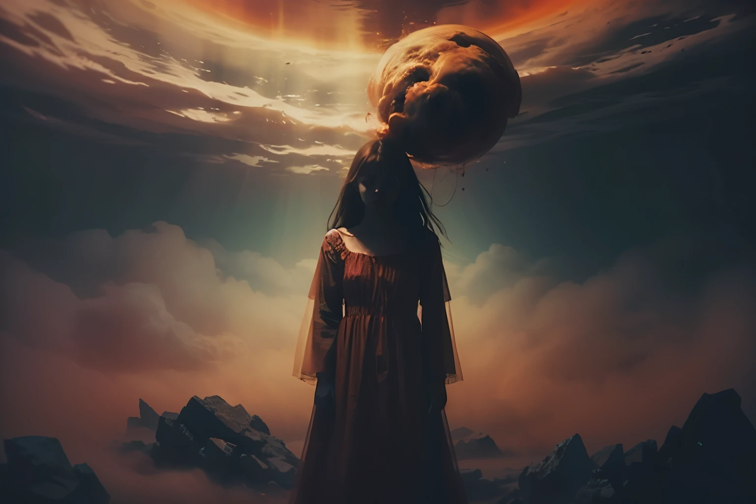 ethereal figure floating in red-orange cosmic cloud, surreal dreamscape, soft light, celestial, mystical atmosphere, evocative artistry, otherworldly ambiance, cinematic quality