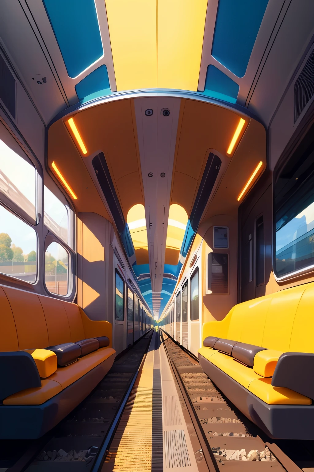 ((best quality)), ((masterpiece)), (detailed), a futuristic fast train(perfect shape aerodinamic) is moving fastly in the city, bright colors, many people standing and waiting.