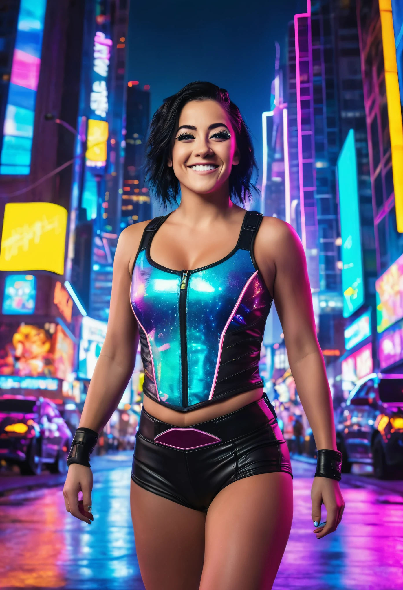 Picture 1 female, medium black hair, big butt, smiling, Bayley in a futuristic and neon-soaked cityscape, surrounded by towering buildings glowing with vibrant colors and dazzling lights. Bayley stands confidently in the foreground, wearing a modern and edgy version of her wrestling attire that shimmers in the neon glow. The cityscape is alive with energy, featuring flying cars, holographic billboards, and bustling streets filled with people. Capture Bayley's sense of adventure and determination as she navigates this visually stunning and dynamic world. This eye-catching image will surely stand out on your Instagram page and capture the essence of Bayley's bold and vibrant personality.