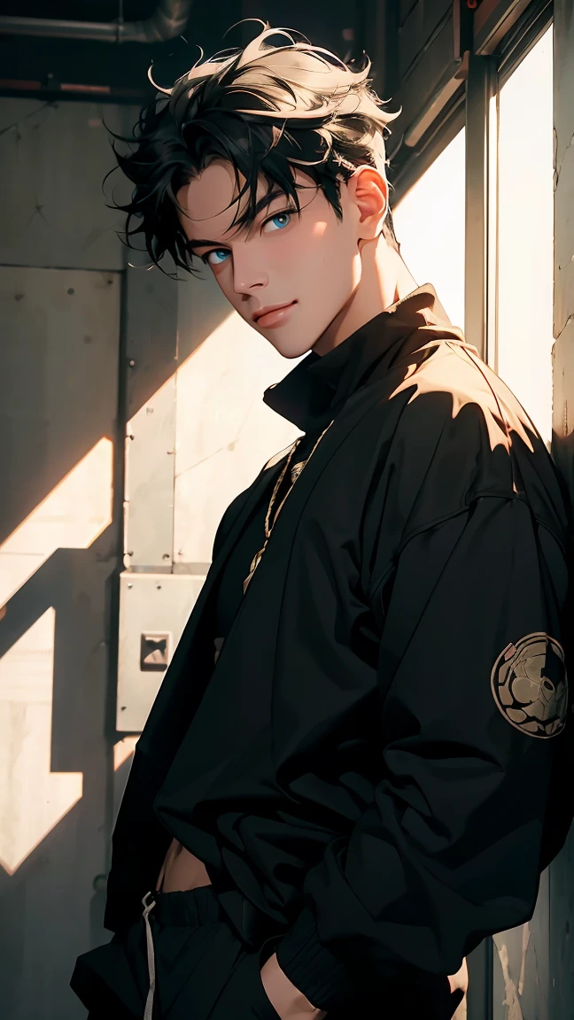 highest quality, 8K, high resolution image, anime style Jujutsu Kaisen, (Wriothesly/Genshin Impact), detailed strokes, bored look, blurry, purple light reflecting from it, (close angle), 1 man, young, male, model, Hand in pocket, Cool guy, multicolored background with different geometric shapes, around stickers, muscular, black hair, aqua eyes, multicolored hair, gray hair, highlighted hair, hairstyle: undercut, swollen chest. He is wearing a a black jacket over a naked torso, breasts, trained man's chest, shaved body and black sweatpants, black sweatpants and a gold link chain, sweatpants, background: room, agency, awards on the wall, bright room