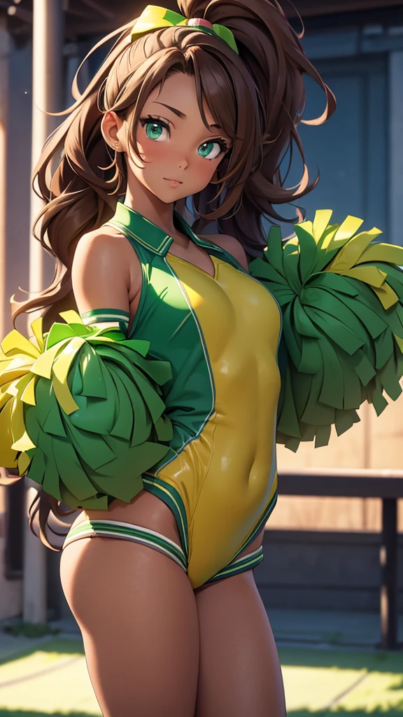 (masterpiece), (4k), )vivid colors), (evening light) 15-year-old woman with tanned skin, green eyes, with wavy brown hair with a high ponytail dressed in a ((sexy cheerleader costume))