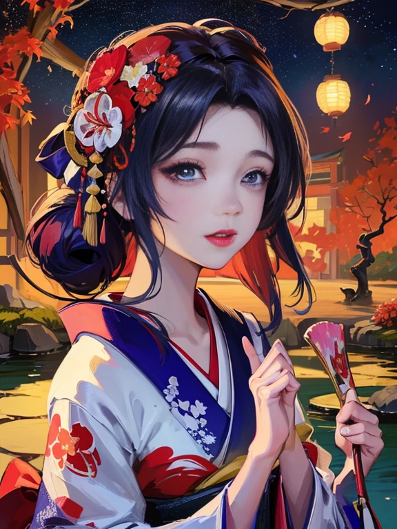 (Highest quality、 8k 、masterpiece、High resolution)、 Japanese painting、Vibrant colors、A woman wearing a kimono、Hands on chest、(Detailed face,Beautiful Face,Beautiful Eyes,Beautiful nose,Pretty lips)、Dynamic painting technique、Japanese garden、Autumn scenery、autumn leaves、Starry Sky、Susuki、Detailed Description、