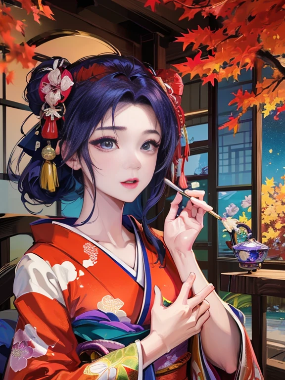 (Highest quality、 8k 、masterpiece、High resolution)、 Japanese painting、Vibrant colors、A woman wearing a kimono、Hands on chest、(Detailed face,Beautiful Face,Beautiful Eyes,Beautiful nose,Pretty lips)、Dynamic painting technique、Japanese garden、Autumn scenery、autumn leaves、Starry Sky、Susuki、Detailed Description、