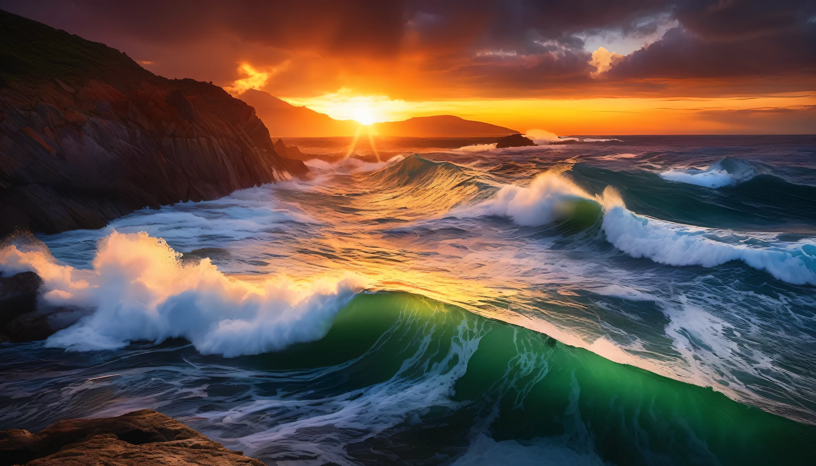 arafed view of a sunset over the ocean with waves crashing, chaotic sea setting, vibrant sunrise, breathtaking colors, breathtaking look, vibrant sunset, breathtaking composition, beautiful sea landscapes, stunning sunset, magnificent background, sunset glow, beautiful background, beautiful dreamy breathtaking, marc adamus, warm beautiful scene, epic sunset, beautiful sunset, beautiful sunset glow, beautiful ocean