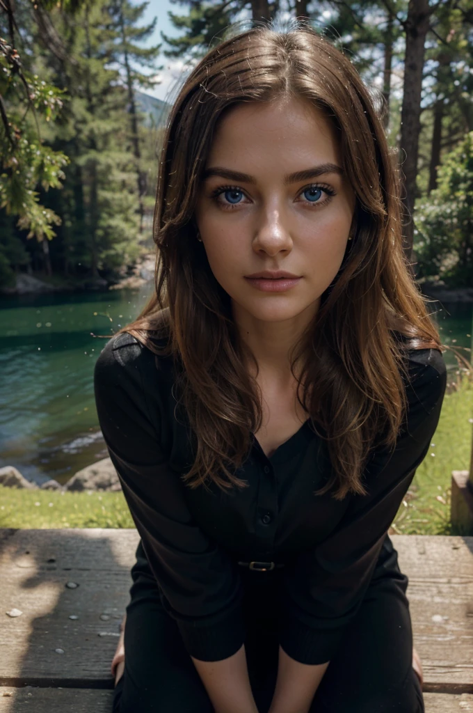 (From a birds-eye, above perspective), RAW, photograph,((best quality)), ((masterpiece)), ((realistic)), gorgeous european woman, 24 year old, kneeling, nature, lake on the mountain, ((early afternoon)), ((black clothing)), pine trees at the foot of the mountain, cold clothes, realistic lighting, realistic shadow, (long blonde hair), blue eyes, innocent, (freckles:0.6), intricate details, highly detailed, sharp focus, professional, 4k, god rays, stunning blue eyes, delicate, innocent, highres, detailed facial features, high detail, sharp focus, smooth, aesthetic, extremely detailed, photo_\(ultra\), photorealistic, realistic, post-processing, max detail, roughness, real life, ultra realistic, photorealism, photography, 8k uhd, photography, SEMI-SILHOUETTE light, european face