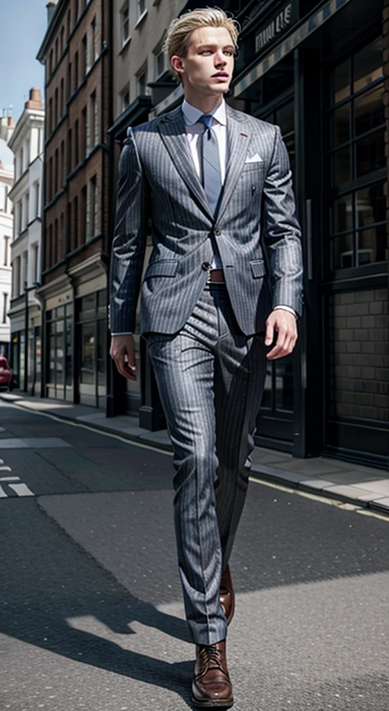High resolution image of a white skinned blond man, strong, revealing the whole body, braços strongs, Wearing a grey pinstripe suit, Wearing caramel leather buckle shoes, Walking in deserted London, With the sun, Looking at the camera, Perfect Italian face, Delicate nose, Pink mouth lips, Shut up, Eyes with sharp outlines，Iris is blue, Showing muscular legs, 8K ultra-high resolution.
