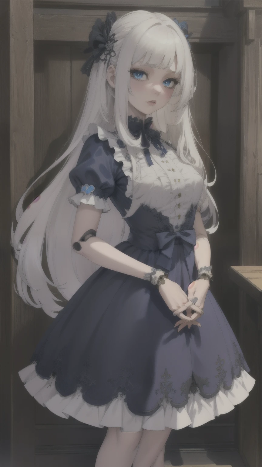 doll joints, (extremely detailed CG unity 4k wallpaper),(masterpiece),(best quality),(ultra-detailed),(best illustration),(best shadow),(absurdres),(Detailed background),  solo, Long White hair (Hime), Blue eyes, Slim, Gothic dress, Make up, Carpentry workshop background, Hands clasped, Neutral expression, Pale skin, doll,