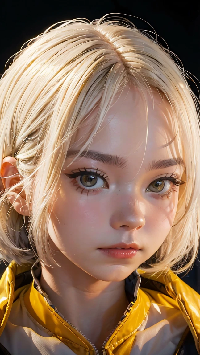 mksks style, 1girl, cute, surrounded by yellow lighting, gold eyes, white hair, black background, closeup, no smile, masterpiece, ultra detailed