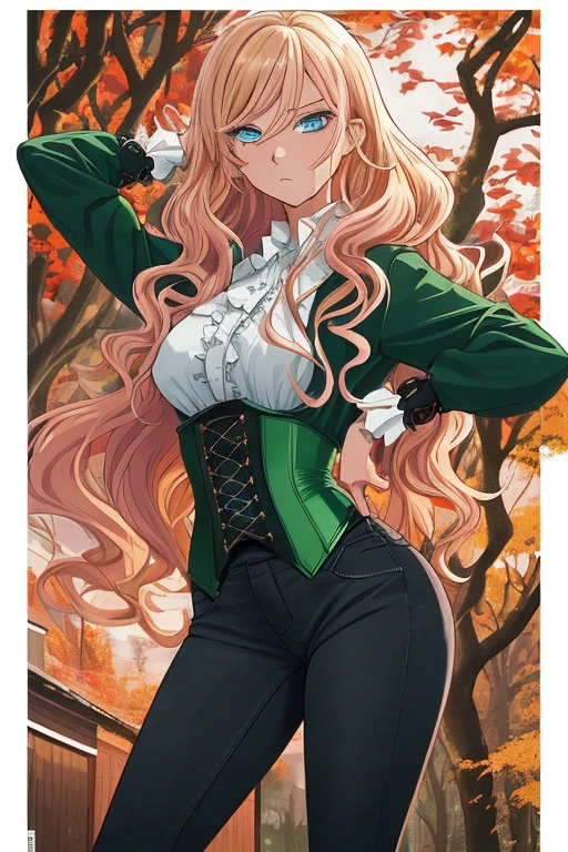 Illustration of a young, female teacher in an anime style. She has long, wavy blonde hair with pink highlights, wearing a light blue, ruffled blouse and a black corset over skinny tight jeans the color of a dark green. She is wearing black riding boots. Her expression is serious and slightly surprised. She has blue eyes and extends her hand forward holding a blue book with golden characters on the cover. The background shows a landscape transitioning from autumn to winter, with trees bearing both colorful autumn leaves and frosty branches, under a chilly, overcast sky.