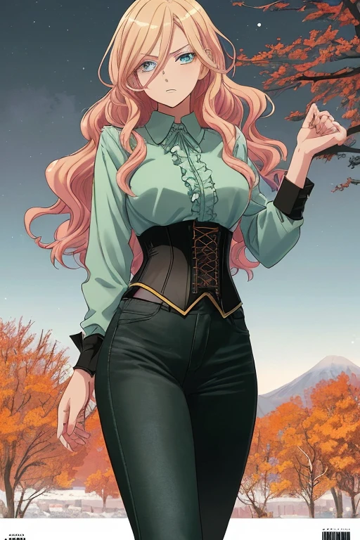 Illustration of a young, female teacher in an anime style. She has long, wavy blonde hair with pink highlights, wearing a light blue, ruffled blouse and a black corset over skinny tight jeans the color of a dark green. She is wearing black riding boots. Her expression is serious and slightly surprised. She has blue eyes and extends her hand forward holding a blue book with golden characters on the cover. The background shows a landscape transitioning from autumn to winter, with trees bearing both colorful autumn leaves and frosty branches, under a chilly, overcast sky.