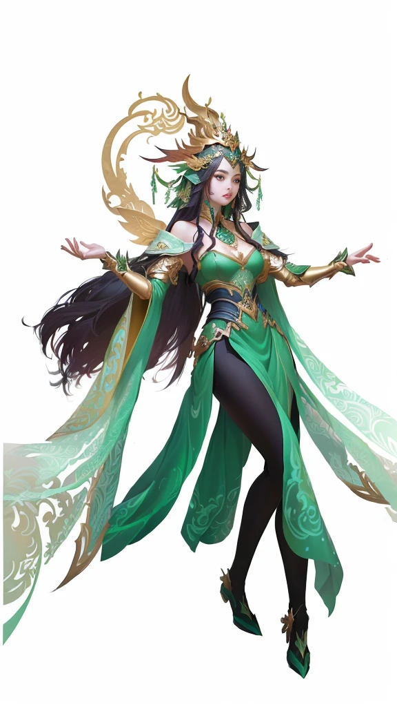 Wearing a green dress、Wearing a golden crown、Woman in green cloak, Beautiful fantasy queen, Full body fairy, Inspired by Lan Ying, Inspired by Ju Lian, ((Beautiful fantasy queen)), G Liulian art style, Extremely detailed Artgerm, Liu Ajiem, Art style, Anime Goddess