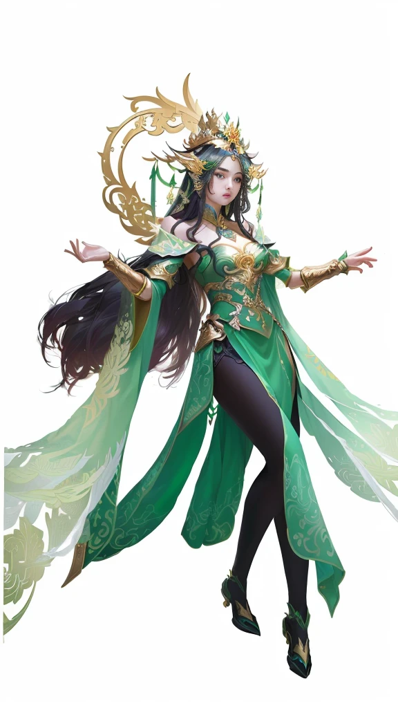 Wearing a green dress、Wearing a golden crown、Woman in green cloak, Beautiful fantasy queen, Full body fairy, Inspired by Lan Ying, Inspired by Ju Lian, ((Beautiful fantasy queen)), G Liulian art style, Extremely detailed Artgerm, Liu Ajiem, Art style, Anime Goddess