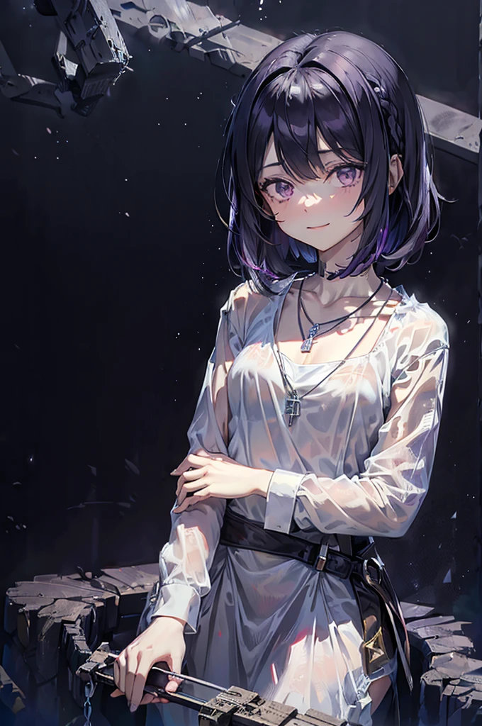 masterpiece,1 girl,Alone, light smile, metal necklace, White shirt, modern , Accessories, Purple and black hair color., unique hairstyle, elegant, Black background