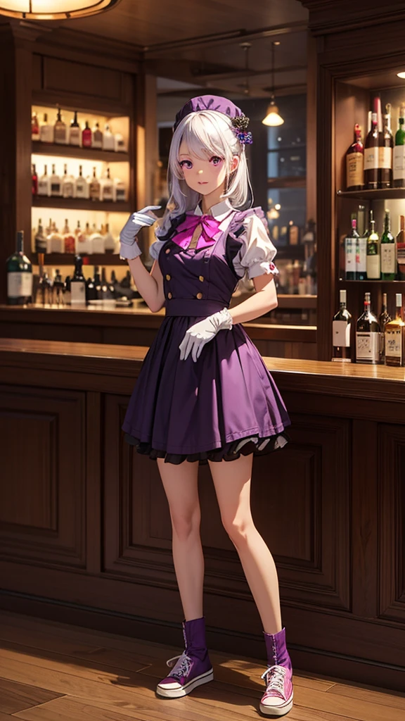 full shot ,Realistic image of Japanese woman, White hair with purple highlights, purple eyes, calm face, anime, purple and black maid outfit,Attach a tiny pink snowflake brooch.,pink purple converse, wearing gloves,standing in front of the bar counter,full body the backdrop is a whiskey bar, dark tones, dim lighting, a neon sign with the words "SNOW BAR" on the wall, 3D., over shot